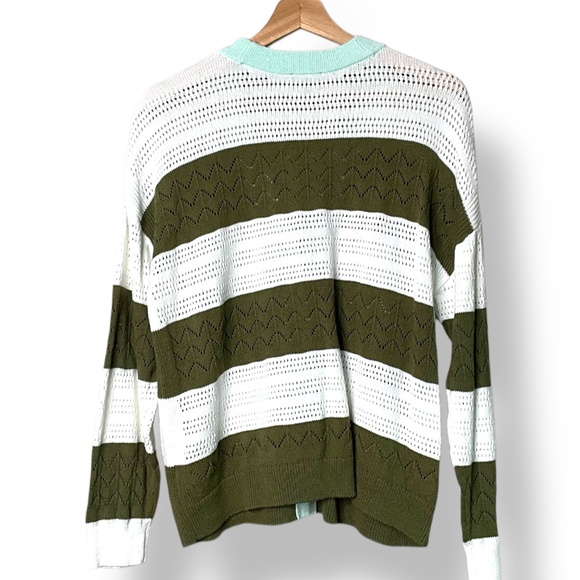 TALBOTS Cotton Linen Blend Tipped Pointelle Button Front Cardigan Olive / White - Picture 4 of 9